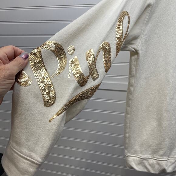 PINK Victoria’s Secret Oversized Cream Hoodie w/Gold Sequence Branding Size M - Picture 6 of 13